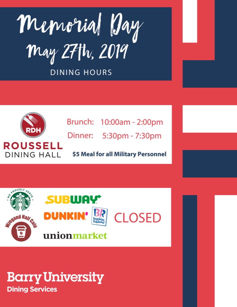 Memorial Day Dining Hours of Operation