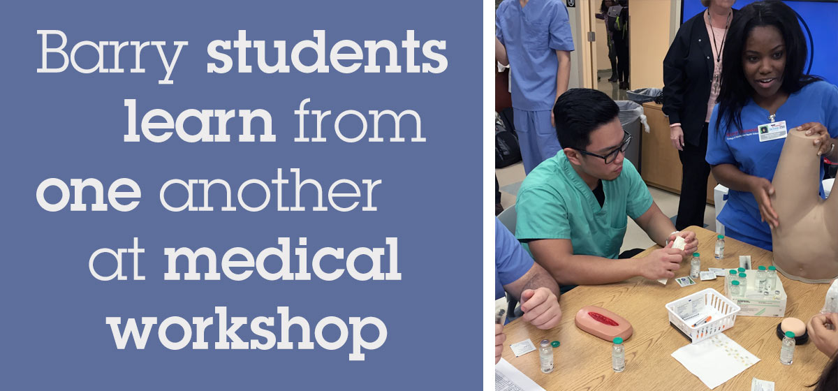 Barry University students in School of Podiatric Medicine and College of Nursing and Health Sciences work together at medical workshop